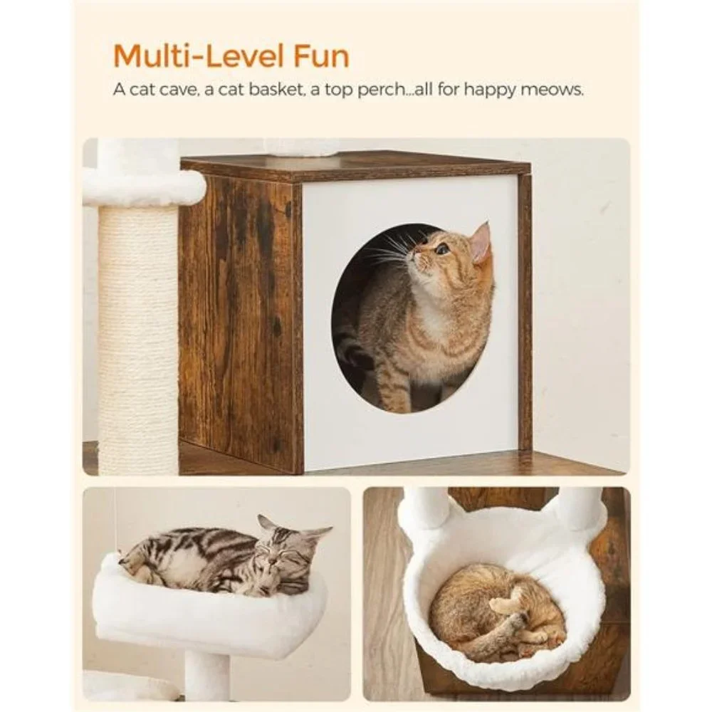 2-in-1 Modern Tower Cat Condo Cat Tree with Litter Box Enclosure, Rustic Brown